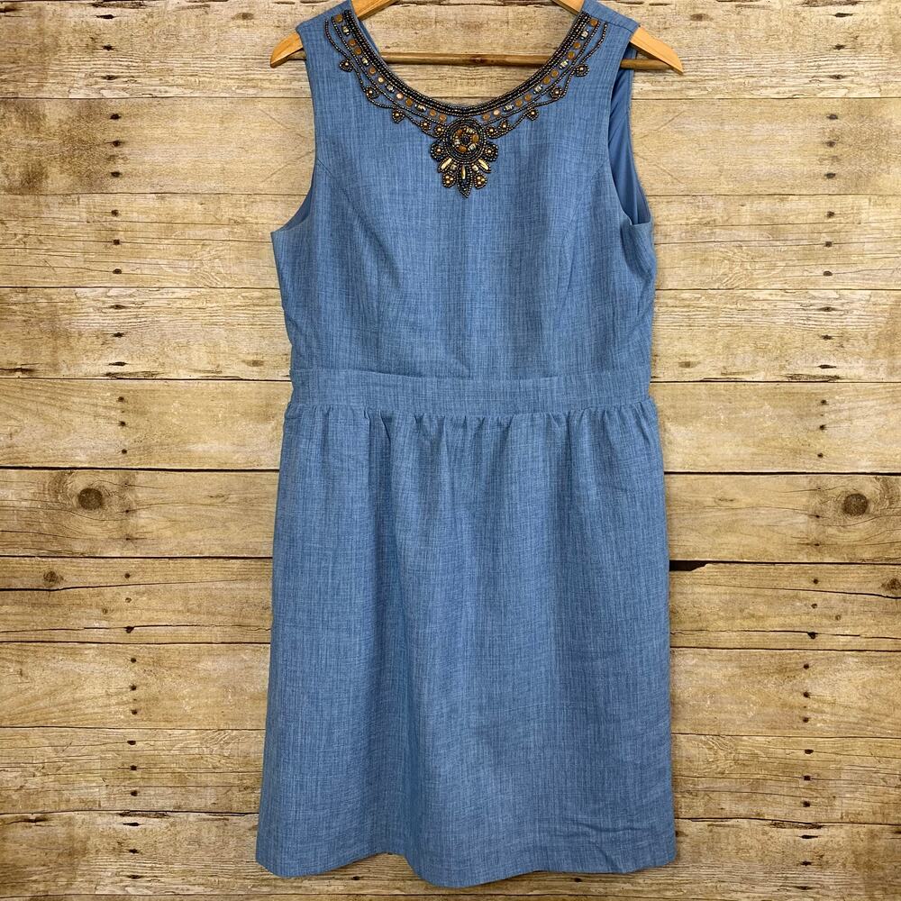 Ellen Tracy Beaded Neck Sleeveless Jean Dress Womens 12 Embellished Neckline
